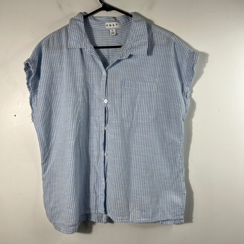 Womens‎ Dash Striped Cotton Button Shirt Cap Sleeves Lt Blue White XL